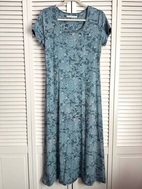 Peruvian Connection Paisley Floral Short Sleeve Jersey Midi Dress Blue Medium